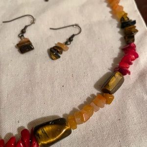 Artisan necklace & earring set with tumbled jasper, petrified wood, + coral